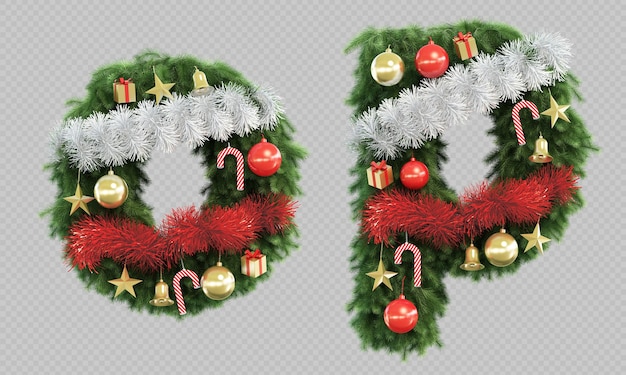 PSD 3d rendering of christmas tree letter o and letter p