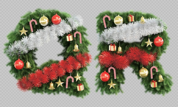 PSD 3d rendering of christmas tree letter q and letter r