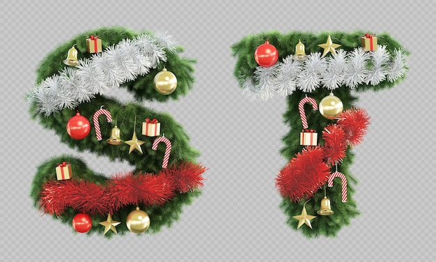 PSD rendering 3d della lettera s e della lettera t dell'albero di natale