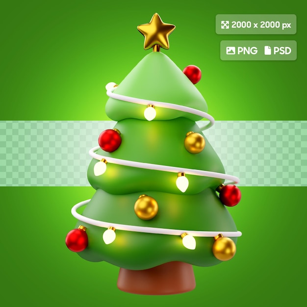 PSD rendering 3d dell'albero di natale con icone di palle e luci