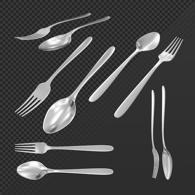 3d rendering of clean and shiny silver iron stainless steel spoon and fork from various perspective