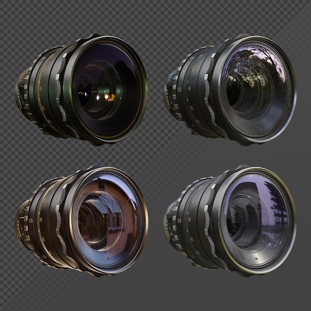 PSD 3d rendering of clear camera lens with different environment light reflection