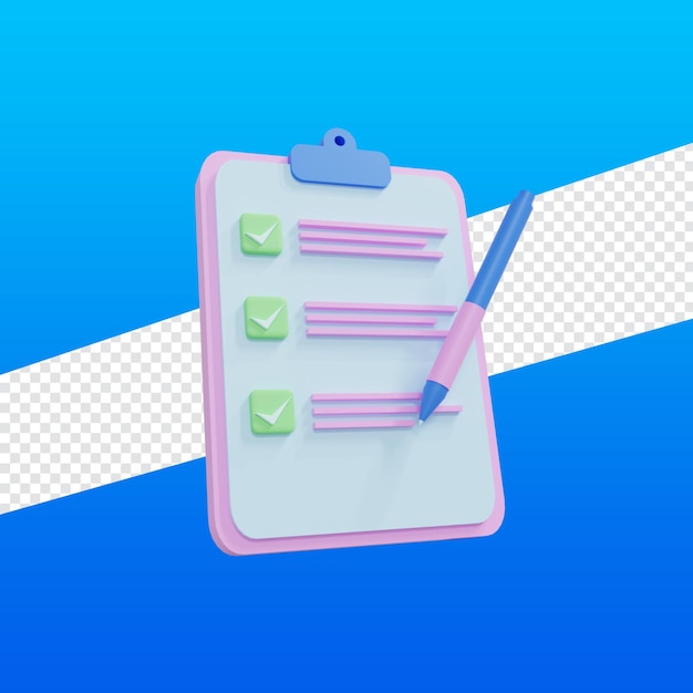 PSD 3d rendering clipboard with checklist concept of project management