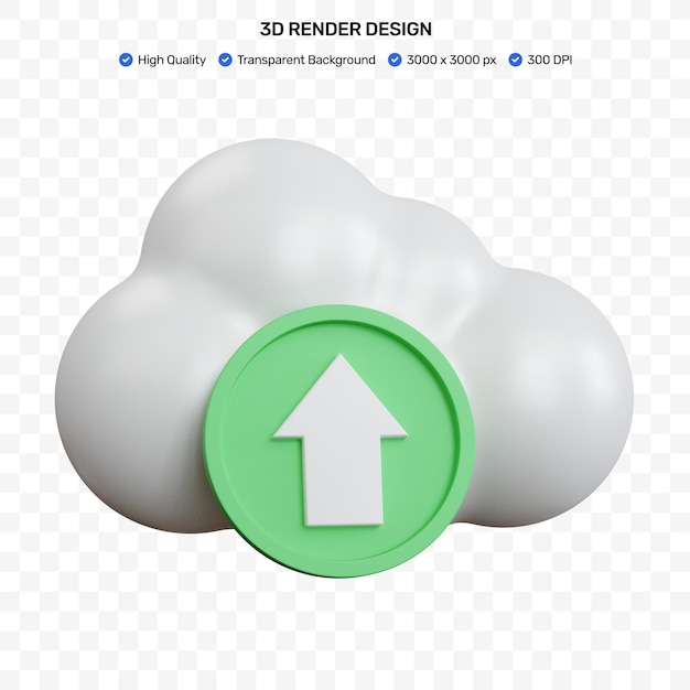 고립 된 녹색 원에 위쪽 화살표와 함께 3d 렌더링 클라우드 업로드 흰색