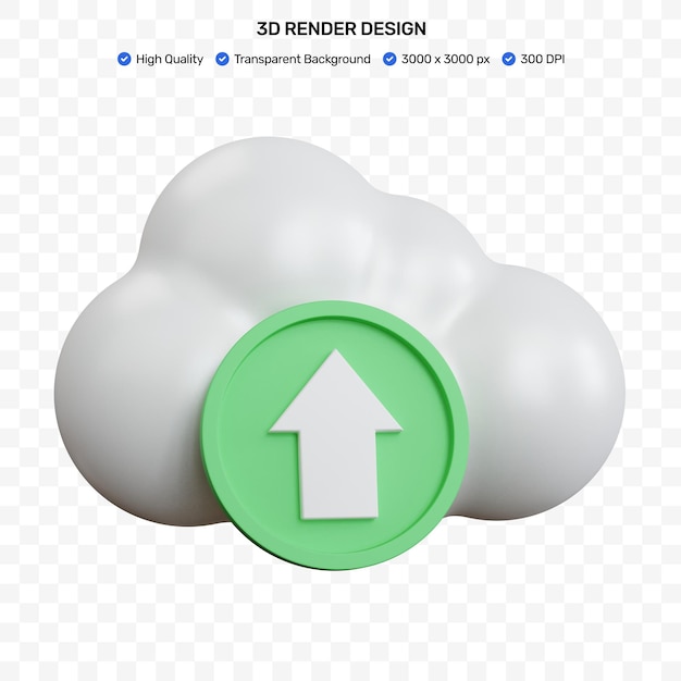 PSD 3d rendering cloud upload white with an up arrow in a green circle isolated