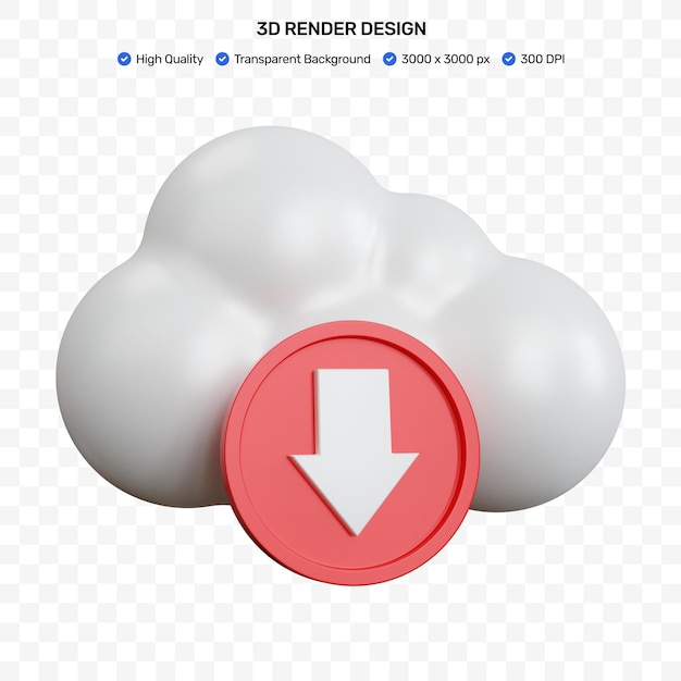 3d rendering cloud white with an down arrow in a red circle isolated