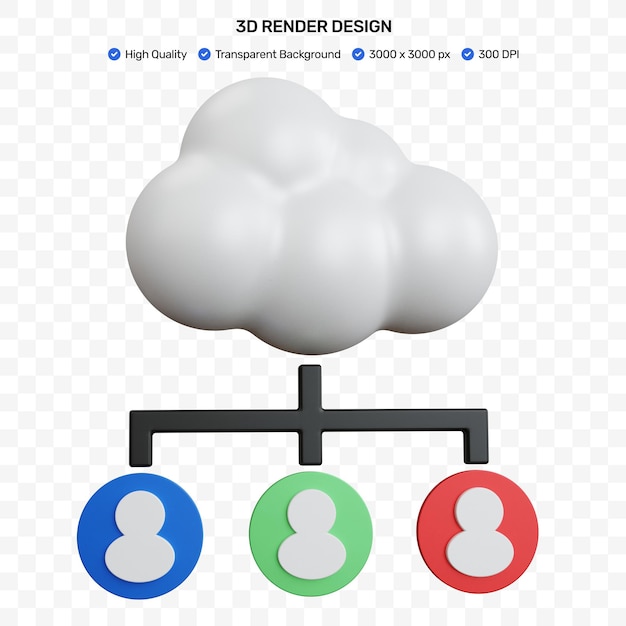 PSD 3d rendering cloud white with three connection profiles isolated