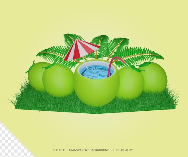 3d rendering coconut with green grass