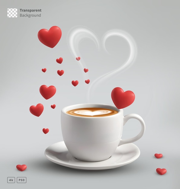 PSD 3d rendering coffee cup with red hearts