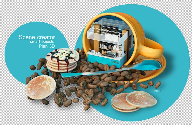PSD 3d rendering coffee shop and coffee beans elements