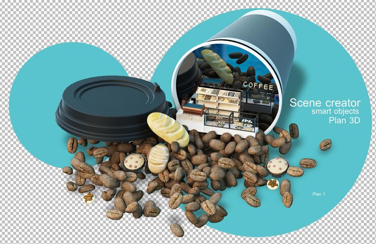 PSD 3d rendering coffee shop and coffee beans elements