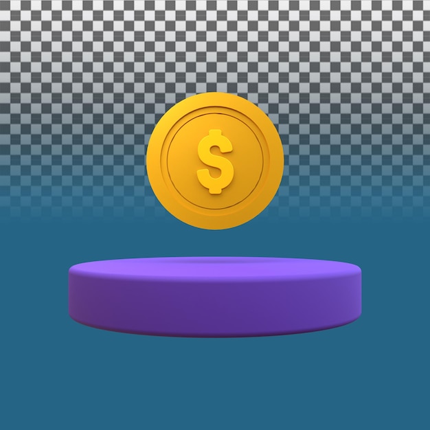 Rendering 3d moneta con podio su sfondo trasparente. illustrazione di rendering 3d.