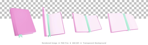 PSD 3d rendering collection of book icons open to closed book poses