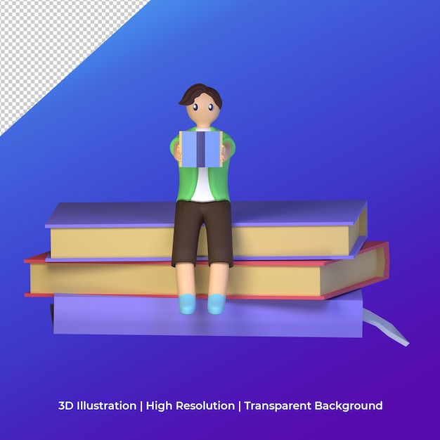 PSD 3d rendering college student sit in the book and reading illustration concept