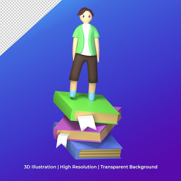 3d rendering college student stand in floating stack book illustration concept