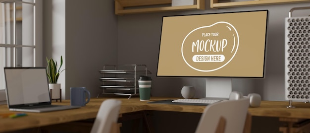 3D rendering computer and laptop with mockup screen