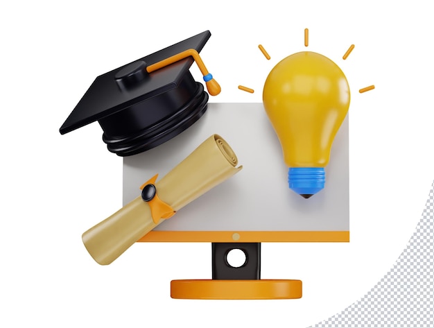 3d rendering computer monitor with a graduation cap and diploma certificate icon illustration