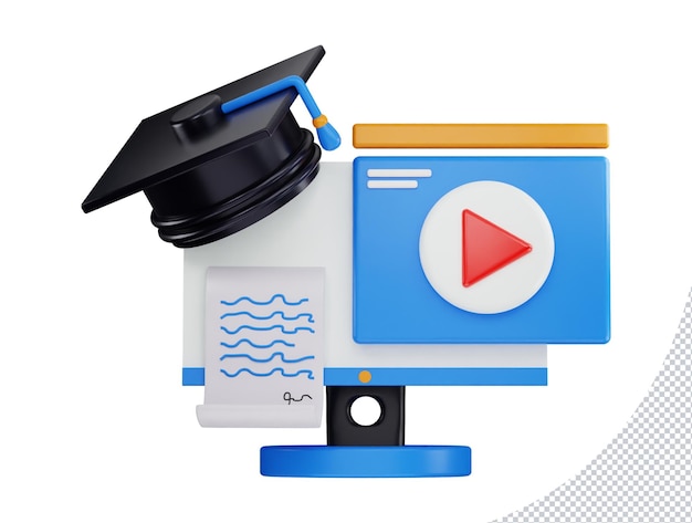 PSD 3d rendering computer monitor with a graduation cap and video player icon illustration