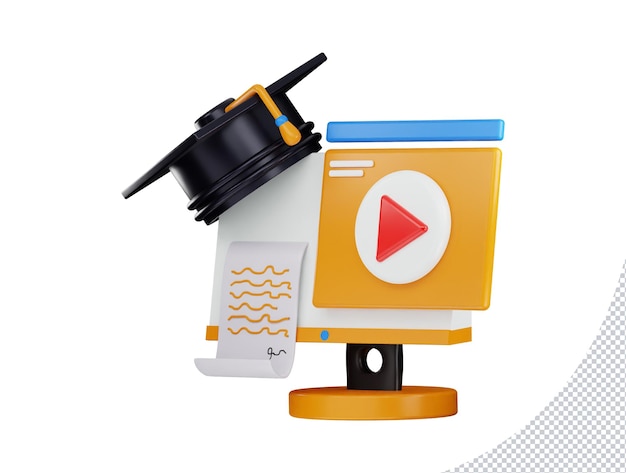 3d rendering computer monitor with a graduation cap and video player icon illustration