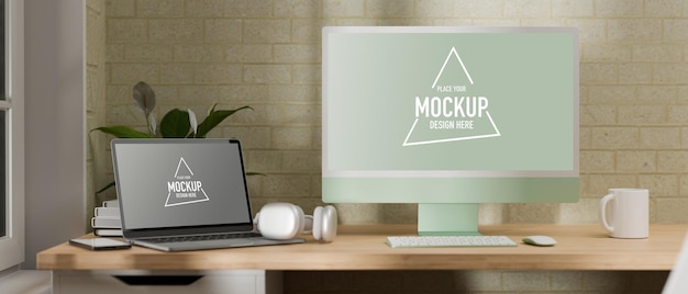 Rendering 3d di computer con mockup di laptop