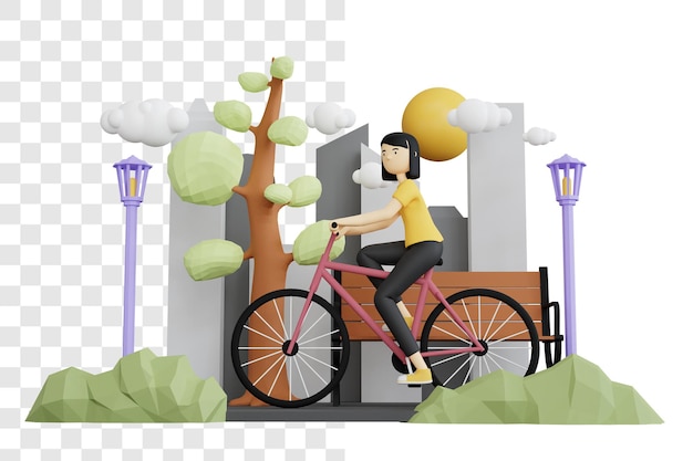 PSD concetto di rendering 3d di una donna in bicicletta in un parco cittadino