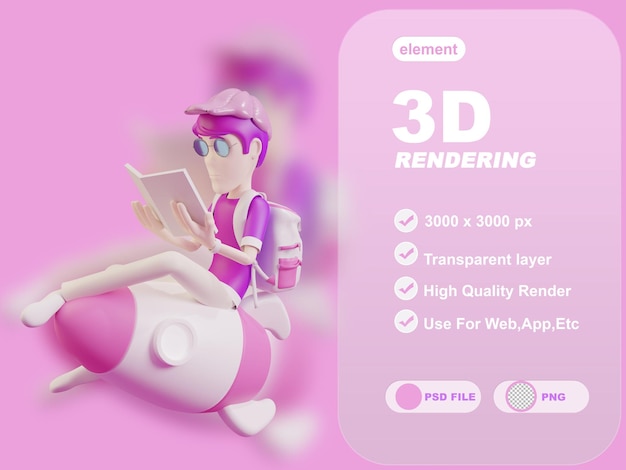 Концепция 3D-рендеринга молодого бизнесмена, сидящего на ракете, планирующего бизнес-стратегию