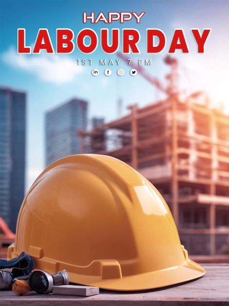 PSD 3d rendering construction labour day and worker helmet with a building background