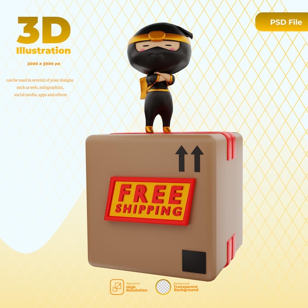 PSD 3d rendering of courier character ninja illustration