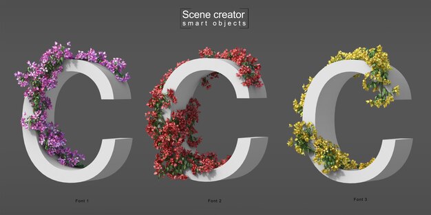 3d rendering of creeping bougainvillea on alphabet c