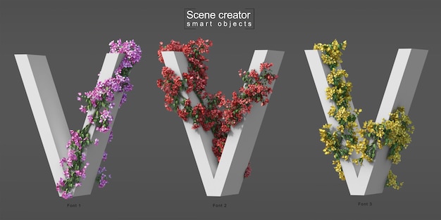 3d rendering of creeping bougainvillea on alphabet v