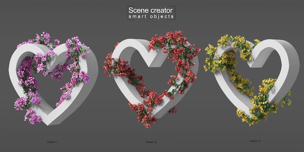 PSD 3d rendering of creeping bougainvillea on heart shape