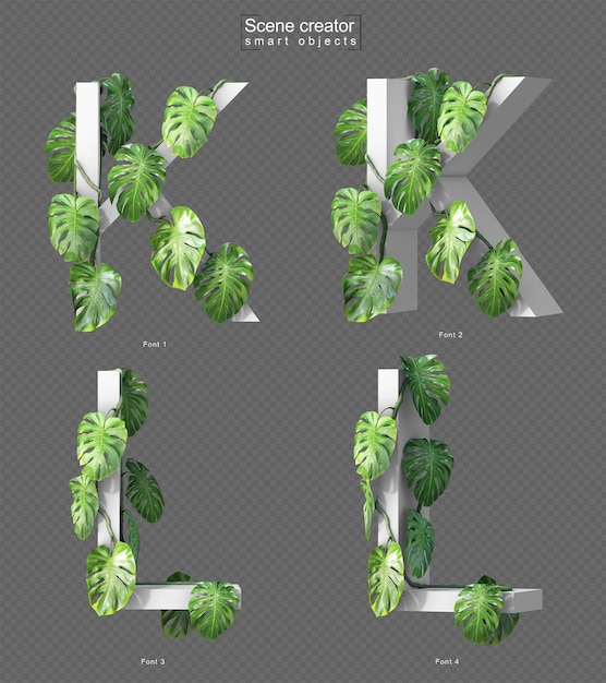 3d rendering of creeping monstera on alphabet k and alphabet l