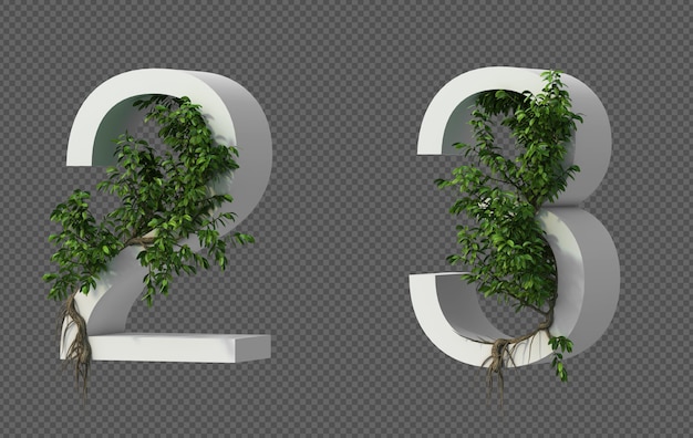 3d rendering of creeping tree on number 2 and number 3