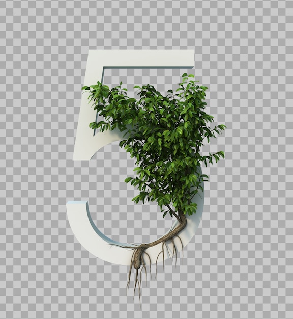 PSD 3d rendering of creeping tree on number 5