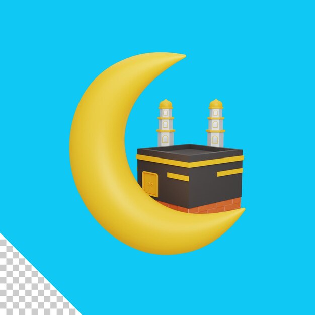 3d rendering crescent moon and kaaba isolated useful for islam ramadan design illustration