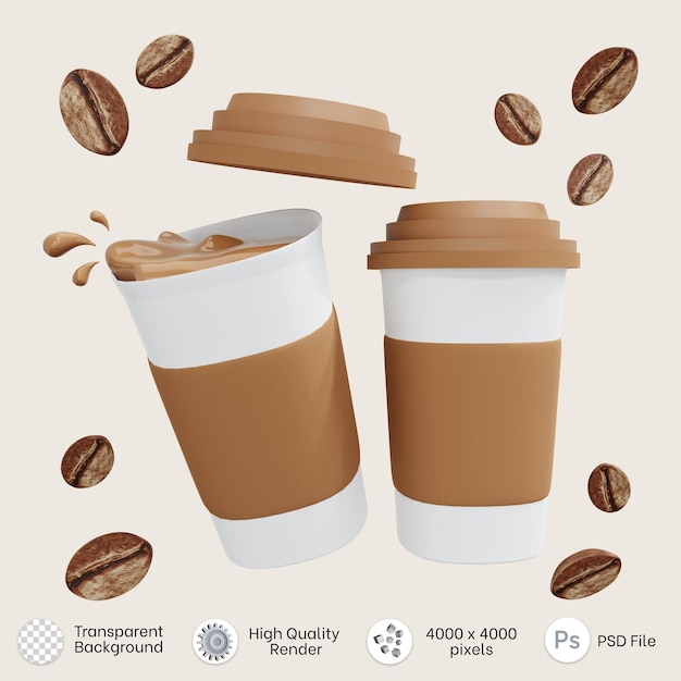 3d rendering of a cup of coffee with coffee beans and splashes