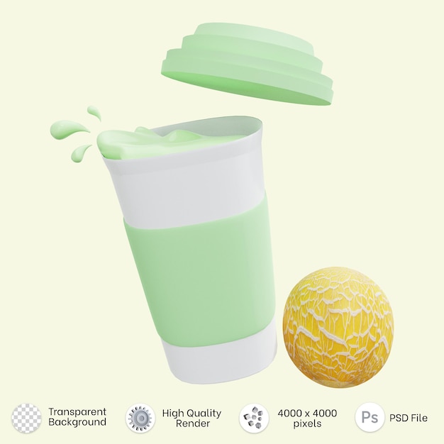 3d rendering of a cup of melon milk with melon and splashes