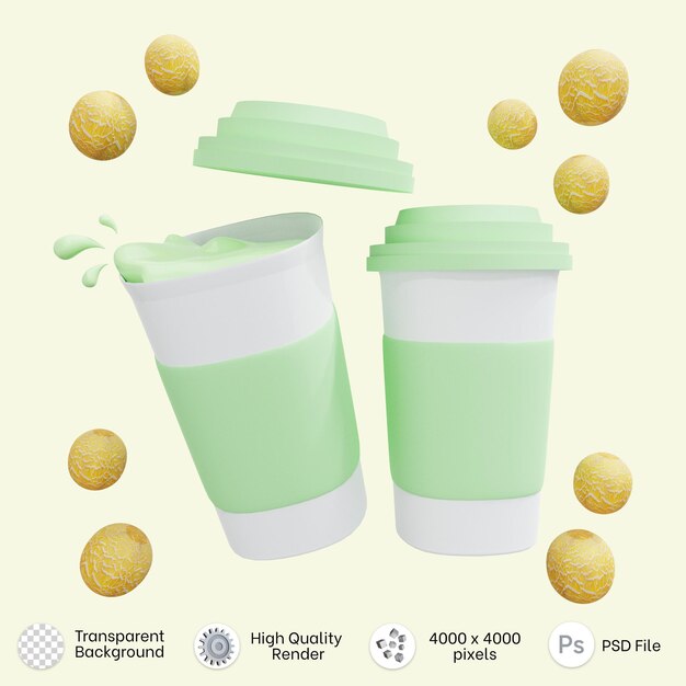 3d rendering of a cup of melon milk with melon and splashes