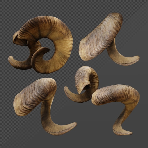 PSD 3d rendering of curved sheep goat horns like devil horns perspective view