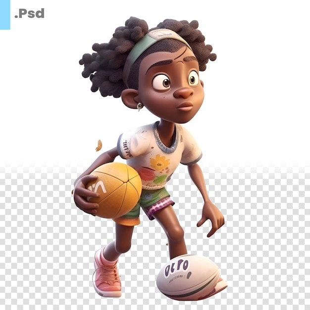 Rendering 3d di una ragazza afroamericana carina che gioca a basket isolata su sfondo bianco modello psd