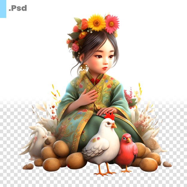 Rendering 3d di una carina ragazza asiatica che indossa un kimono con i suoi polli modello psd