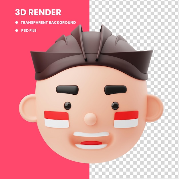 Rendering 3d di una simpatica illustrazione avatar che indossa uno spazio vuoto con la bandiera indonesiana scarabocchiata sulla guancia