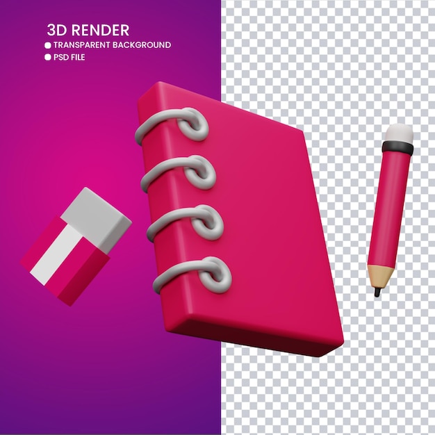 PSD rendering 3d di libro carino e matita con gomma