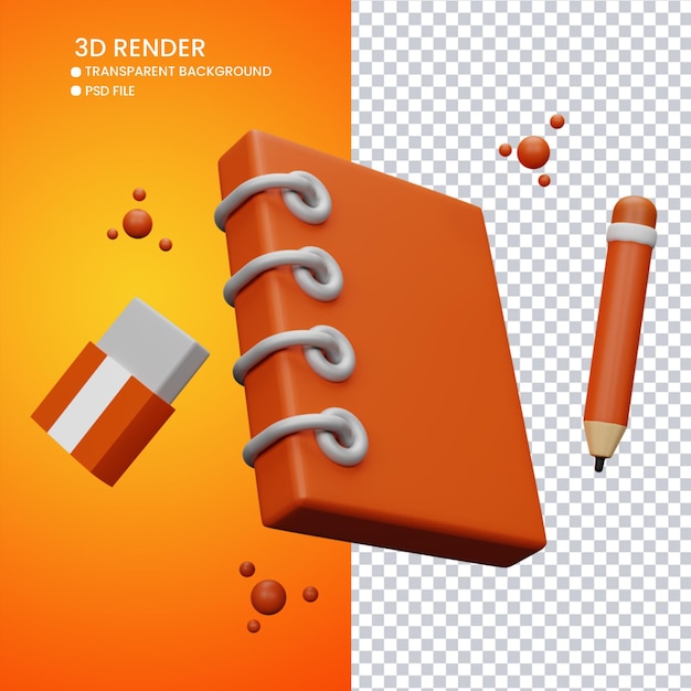 3d rendering of cute book and pencil with eraser