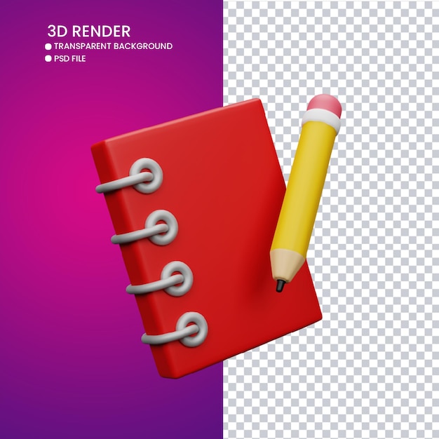 Rendering 3d di libro carino e matita