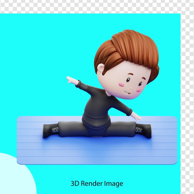 PSD 3d rendering of cute boy character gym stretching on the mat