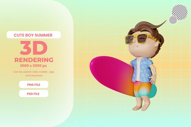 3d rendering ragazzo carino in estate con tavola da surf