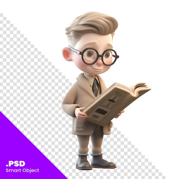 PSD 3d rendering of a cute boy with glasses reading a book isolated on white background psd template