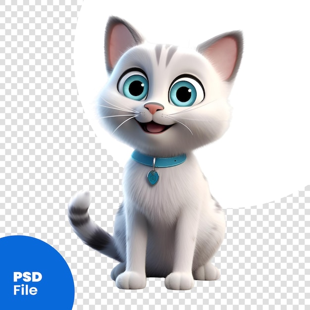 Rendering 3d di un grazioso gatto dei cartoni animati con collare blu isolato su uno sfondo bianco modello psd