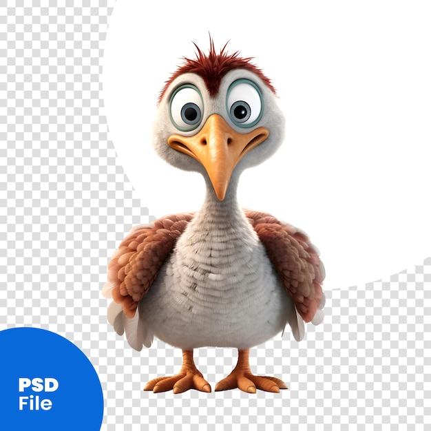 PSD 3d rendering of a cute cartoon goose isolated on white background psd template